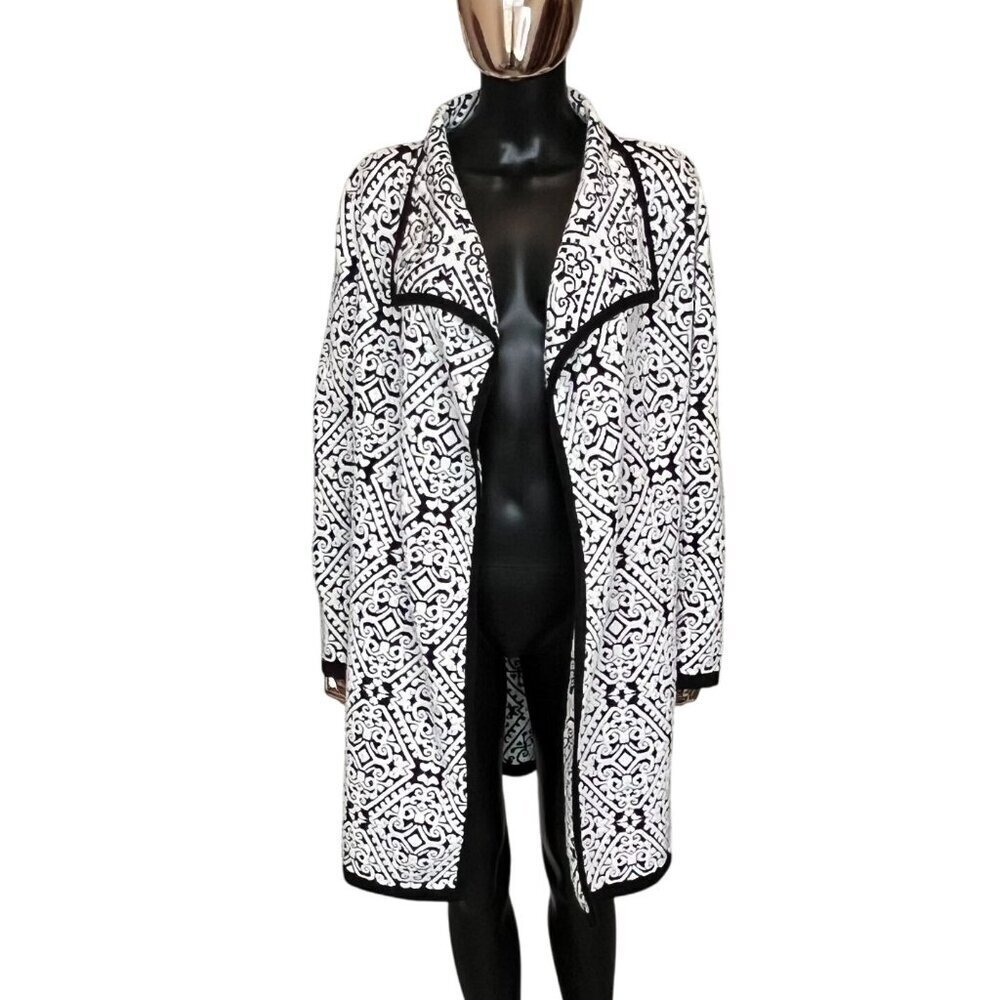 Icelandic Design Black White Jacquard Knit Cardigan Coat Medium Wool Blend - Picture 2 of 10